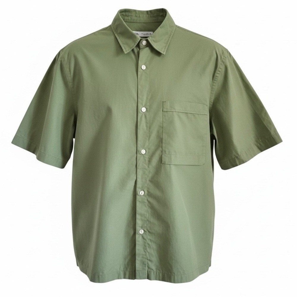 Zara Short Sleeve Button Up Utility Shirt Mens Large Green Pocket‎ Casual